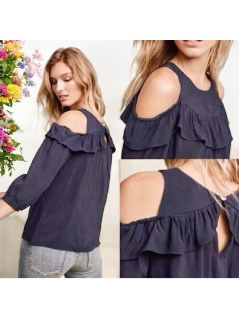 Anthropologie Maeve Black Cold Shoulder Long Sleeve Top Size 6 Petite